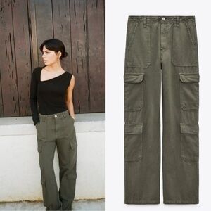 Zara Green Cotton High Waisted Cargo pants size 2